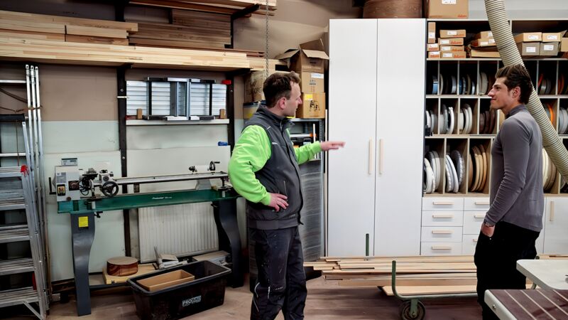 Zwei Männer in Werkstatt, einer zeigt auf weißen Schrank mit Schubladen und Türen, umgeben von Holz und Werkzeugen